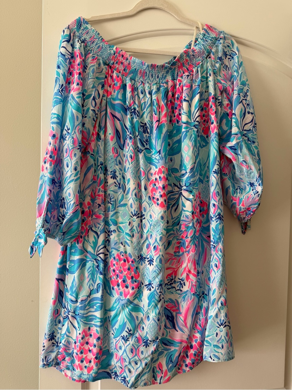 Lilly Pulitzer Long Sleeve Abstract Floral Tunic — Pink, Navy, Light Gray. - Picture 6 of 7